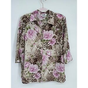 ALIA Women's Button Down Shirt Size 14 Floral Leopard Print Collared Blouse